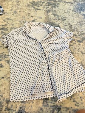Heart-Print Blue Pajama Set - Lightweight Short Sleeve & Shorts